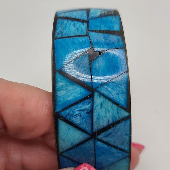 Vintage Brass Inlay Bracelet With Inlaid Blue Dyed Bone In Geometric Pattern - Picture 2 of 6